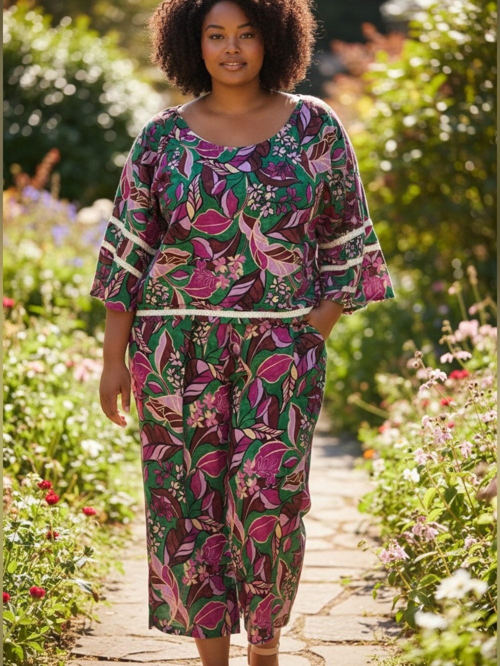 Cynthia Rowley Floral Print Two-Piece Set  TOP XL Pants Large 100% Linen